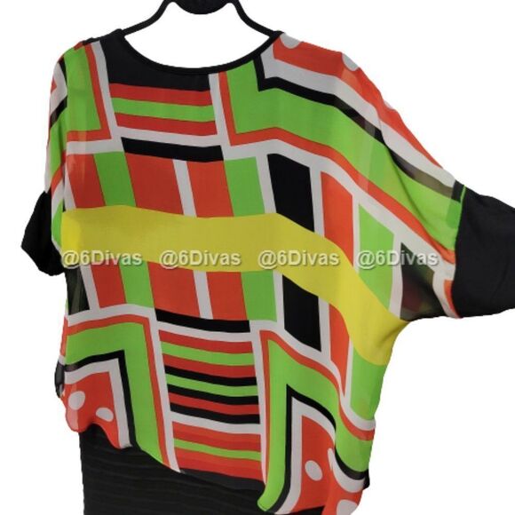 BLACK Dress with Colorful Print Overlay One Size L - Picture 6 of 15